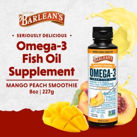 Barlean's Barlean's Mango Peach Omega 3 Fish Oil Liquid Supplement with Vitamin D, 1080mg EPA & DHA Fatty Acid, Smoothie Flavored & Burpless for Brain, Joint, & Heart Health, 8 oz