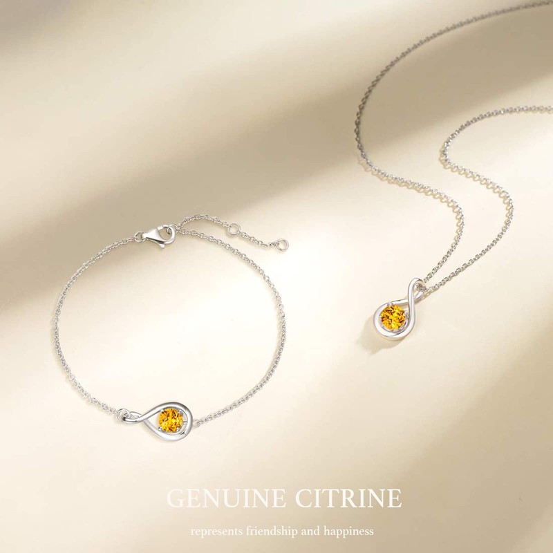 FANCIME Citrine Bracelet 925 Sterling Silver Infinity Link Charm Bracelets