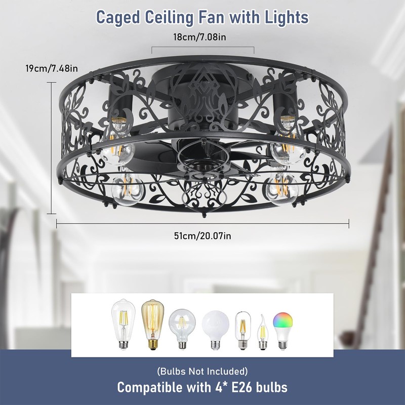 Garwarm Caged Ceiling Fan with Light,20" Ceiling Fans with Lights