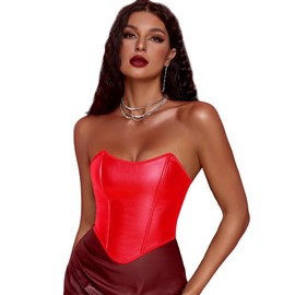SOLY HUX Women's PU Leather Overbust Corset Bandana Tube Tops Lace up Strapless Boned Body Shaper Bustier Plain Red L