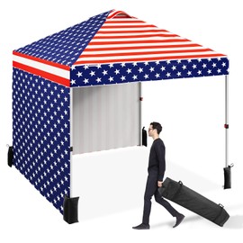 10 x 10 Pop Up Canopy, All Season Instant Canopy with 2 Sidewalls and Vented Roof, Portable Party Tent with Wheeled Carry Bag and Sandbag for Camping, Picnic, Party, Red, White and Blue