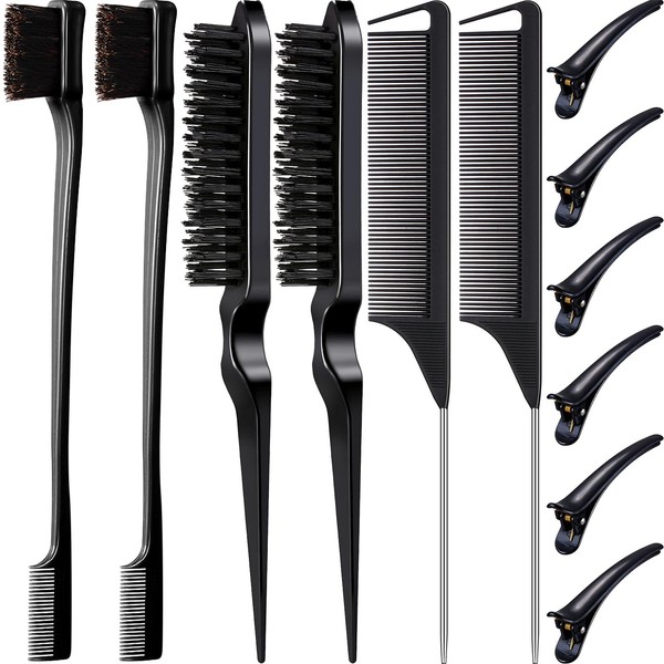 12 Pieces Hair Brush Set, Nylon Teasing Hair Brushes 3 Row Salon Teasing Brush, Double Sided Hair Edge Brush Smooth Comb Grooming, Rat Tail Combs with Duckbill Clips for Women Girls (Black)