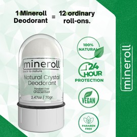 Mineroll Natural Crystal Deodorant Stone, Vegan & Cruelty-Free Deodorant for Women and Men, Unscented, 24 Hour Protection, Non-Staining, No White Marks