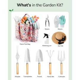 Grenebo Gardening Tools, 10-Piece Garden Tools Gift Set for Women, Rustproof and Durable Tools with Floral Organiser Bag, Gift for Gardening Women (Pink White)