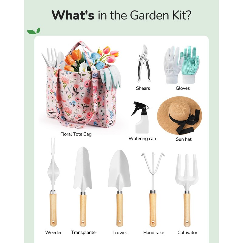 Grenebo Gardening Tools, 10-Piece Garden Tools Gift Set for Women,