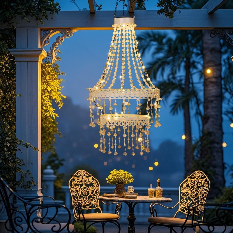 Hanging Solar Light Lantern Outdoor with Warm Crystal Chandelier Double