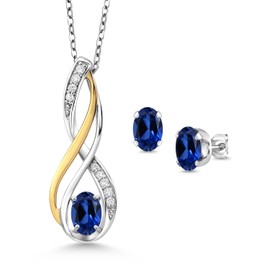 Gem Stone King 925 Silver and 10K Yellow Gold Oval 6X4MM Gemstone Birthstone and White Lab Grown Diamond Pendant and Earrings Jewelry Set For Women | With 18 Inch Chain