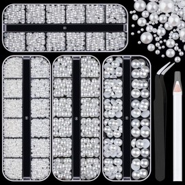 4 Boxes Flat Back Pearls Kit 1 Flatback White Half Round Pearls 3-10mm with Pickup Pencil and Tweezer for Home DIY and Professional Nail Art, Face Makeup and Craft