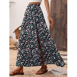 Zeagoo Womens Long Skirt Elegant Summer Skirts A Line Elasticated High Waist Maxi Skirt Floral Flowy Casual Skirts Slit Beach Skirt Black Floral XL