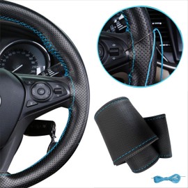 Steering Wheel Cover PU Leather Car Steering Wheel Cover for Lacing Sewing with Needle and Thread Polka Dot Universal Size 37-39 cm M2 Black Light Blue Stitching
