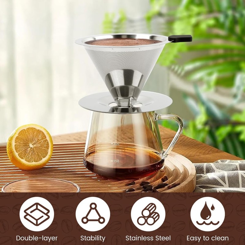 Pour Over Coffee Dripper With Cleaning Brush,Upgraded Double Micro Mesh