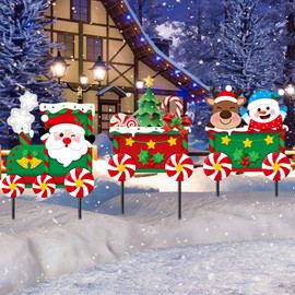 Drydiet 3 Pack Metal Christmas Yard Signs Decor Christmas Yard Stakes Outdoor Metal Xmas Yard Signs with Stakes for Christmas Holiday Outdoor Garden Lawn Pathway Decoration (Train Style)