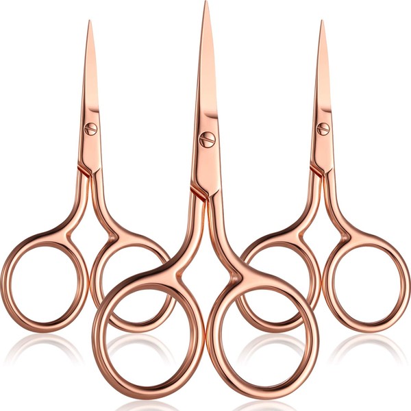 3 Pack Small Nose Scissors Facial Hair Scissors Mini Beauty Scissors Stainless Steel Trimming Pointed Scissor for Grooming Eyebrows, Nose, Mustache, Beard (Rose Gold)