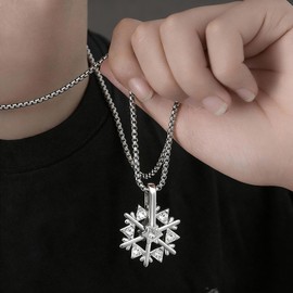 AOOMO Rotatable Snowflake Necklace with Rhinestones, Hip Hop Punk Style Titanium Steel Sweater Chain, Minimalist Luxury Non-tarnish Jewelry for Women Men