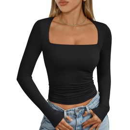 Trendy Queen Womens Long Sleeve Shirts Square Neck Crop Tops Going Out Clothes Cute Workout Fall Fashion Outfits 2025 Black L