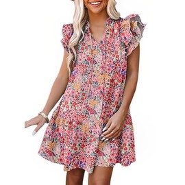 Dokotoo Floral Dress for Women Spring Summer 2024 Trendy Ruffle Cap Short Sleeve V-Neck Pockets Lightweight Tunic Dress Boho Mini Short Dress Multicolor XX-Large