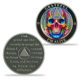 4 Year AA Sobriety Coin – Colorful Skull Recovery Token with Serenity Prayer – I'm Alive Medallion – Unity Service Recovery 12 Step Chip – Inspirational Milestone Gift