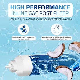 Metpure In line Water Filter 2" x 10" Coconut Shell Post Activated Carbon Water Filter Replacement 1/4" Quick Connects for Inline Reverse Osmosis RO Water Filtration, Refrigerator, Ice Maker [2 Pack]