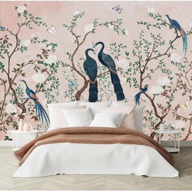PYFFYP- Pink Vintage Flowers with Bird Wallpaper murals for Living Room（Not Peel and Stick）