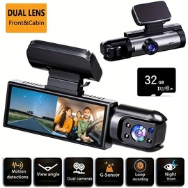 1080P Dash Cam, Dual-Camera Tachograph - Infrared Night Vision, Loop Recording, Wide-Angle Lens, 3.16-Inch IPS Screen With 32GB Memory Card Motion Detection