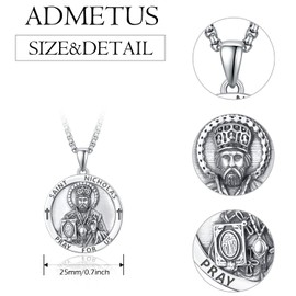 ADMETUS St Nicholas Medal Sterling Silver Saint Nicholas Necklace for Men Saint Nicholas Pendant Medal Medallion Protection Jewelry Religious Gifts for Men