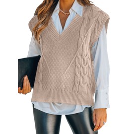 Dokotoo Sweater Vest Fall Sweaters for Women 2022 Cable Knit Sweater Tops Khaki Vests Fashion Casual Tunic Sleeveless Sweater V Neck Oversized Sweater Vest Christmas Outfits Clothes for Women,Small