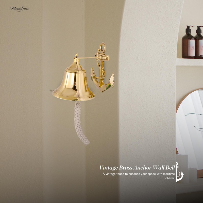 Nautical Brass Wall Mounted Hanging Bell with Rope, Marine Dinner