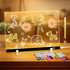 Argo Well Acrylic Dry Erase Board with LED Light, 11.8"x7.9" Clear Glow Memo, Brightness Control, 7 Color Markers, Writable Night Light & Desktop Charm, All-in-One Board (Black)