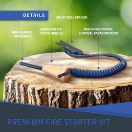 RKR OUTDOOR Ferro Rod Flint Fire Starter Kit with Handcrafted Wood Handle | 5/16" Thick 15000+ Strikes |Survival Flint and Steel Rods with Multi-Tool Striker and Paracord Lanyard for Your Camping Gear