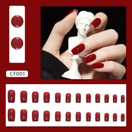 Winter Press on Nails Medium Square Shape Fake Nails Glossy Wine Red Glue on Nails Christmas Holiday Nail Art Decorations Cute Stick on Nails for Women Girls DIY Manicure 24Pcs