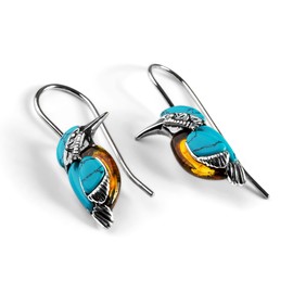 Kingfisher Bird Hook Dangle Earrings in Sterling Silver, Baltic Amber and Turquoise, Woodland Earrings, Gift for Nature Lover