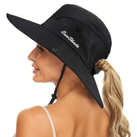 Women's Summer Sun-Hat Ponytail - UV-Protection Mesh Wide Brim Foldable Hat with Ponytail Hole - black - One Size