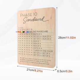 homfanseec Phase 10 Score Board, 2025 New Wooden Phase 10 Scoreboard and Round Tracker with 8 Colored Pegs, Phase Ten Score and Round Tracker Fun Board Games for Adult