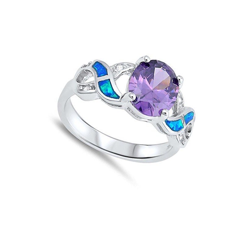 Sterling Silver Oval Simulated Amethyst Blue Simulated Opal Infinity Knot