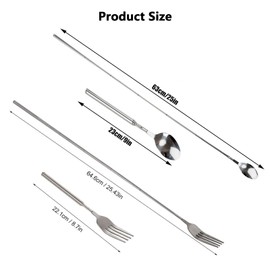 Buaak 2pcs Extendable Tableware, Telescopic Fork, Extending Spoon, Fruit Tableware, Long Handled Fork and Spoon, Stainless Steel Grill Fork and Spoon for BBQ, Party, Dinner
