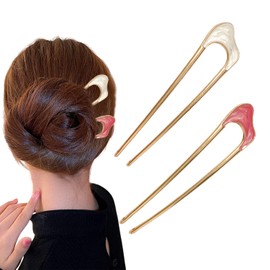2Pcs French Hair Pin, U-Shaped French Pin Metal French Twist Hair Pin Fashion Hair Fork Wave Twist Hair Pins for Women Girls Hair Types Styling Hair Accessories (Gold)