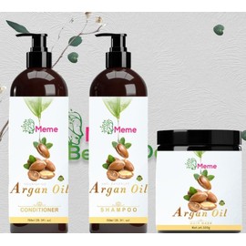 MEME Argan Oil Shampoo, Conditioner & Hair Mask Set - Sulfate-Free Moroccan Care with Keratin - Deep Moisture for Curly, Straight, Dry & Damaged Hair - Anti-Frizz Salon Technology.