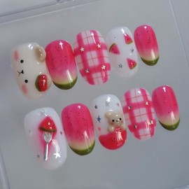 Tangle Pinky Watermelon Bear Handmade Nail Tip - Stiletto / 탱글 핑키수박 곰돌이 수제네일팁 - 스틸레토