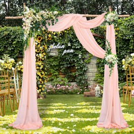 ShinyBeauty Wedding Arch Curtains Fabric 2 Panels 16 Feet Peach Chiffon Fabric Curtain Wedding Ceremony Reception Decorations Chiffon Wedding Bow Draping Fabric