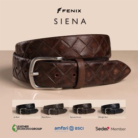 FENIX Men's Adjustable Leather Belt Siena Size 85 cm to 110 cm Vintage Silver Clasp 35 mm Wide Belt Made of Full Cowhide Leather with Braided Embossing, Hazelnut Cognac, 105