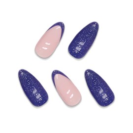 BABALAL Almond Press on Nails Medium Fake Nails Blue Glue on Nails French Tip Acrylic Nails 24Pcs Stiletto Stick on Nails Bling Nails