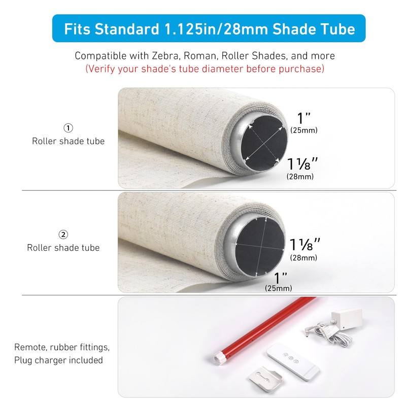 Rollerhouse 28mm(1-1/8 Inches) Round Tube Battery Roller Shade Motor Kit