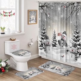 Farmhouse Winter Christmas Shower Curtain Set, Cute Snowman Snow Forest Pine Tree Bathroom Decor Sets Rustic Xmas Snowflake Shower Curtain and Bath Mats Bath Accessories Toilet Lid Cover U-Shaped Mat