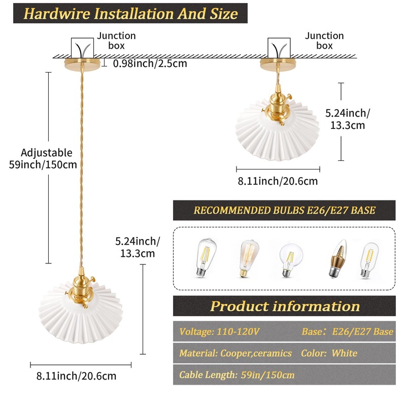 Shenmoyl Pendant Light with White Pleated Ceramic Lmapshade, Brass Vintage