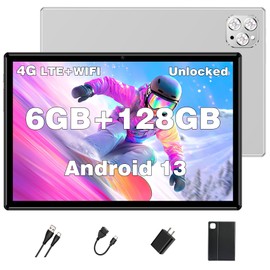 Tablet Android Tablets 10 Inch, Octa-Core Android 13 Unlocked Tablet with SIM Card Slot, 128GB ROM+6GB RAM, 5MP+13MP Camera/5G WIFI GPS/BT/6000mAh/1280*800 IPS Screen/Cellular Tablet with Case(Silver)