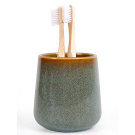 INGOFIN Ceramic Toothbrush Holder Cup, 12 oz Toothpaste Holder for Bathroom Vanity and Countertop, Organizer for Cosmetic, Makeup, Office Pencils, for Hotel Apartment, Kiln-Glazed Green