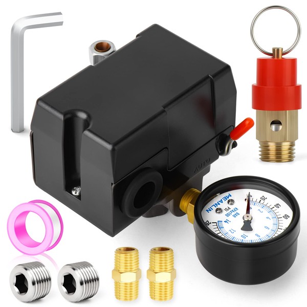 MEANLIN MEASURE Air Compressor Pressure Switch Control Valve 95-125 PSI 110V-240V 4-way Replacement Parts With 0-200 Pressure gauge and Safety Pressure Relief Valve