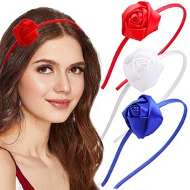 Bouory Rose Flower Headband 4th of July Hairband Red White Blue Flower Hair Accessories for Women 3PCS