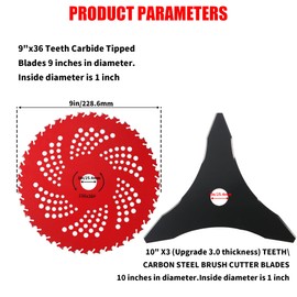 9" x 36 Teeth Carbide Tipped Brush Cutter Blades Weed Eater Trimmer Blade 10" x 3 Teeth Carbon Steel Compatible with Stihl Ego Husqvarna Brush Cutter Trimmer Weed Eater