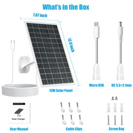VUEBEE 13W Solar Panel for Outdoor Security Cameras, USB-C, Micro USB & 5.5x2.1mm DC Output, 360° Mount, IP66 Waterproof, 7.2FT Cable, Compatible with 5V Battery Powered Cameras